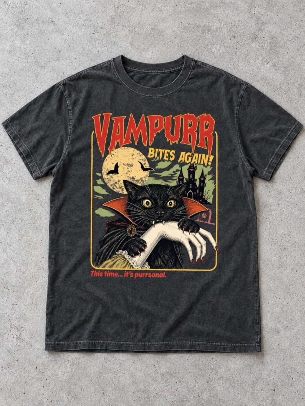 Vampurr Bites Again Black Cat Halloween Gildan T-Shirt